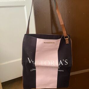 Victoria's Secret Black and Light Pink Vertical Stripe Tote